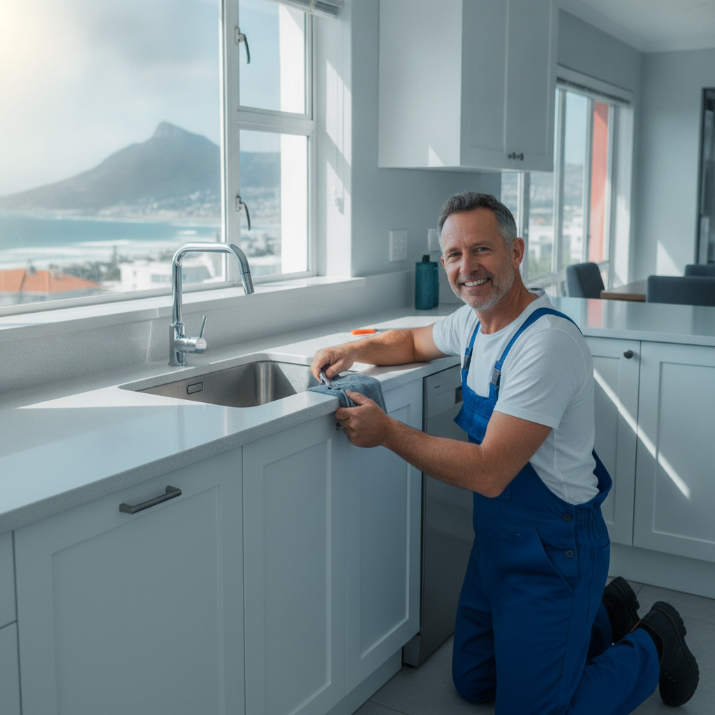 a friendly plumber fixing a kitchen tap in a bright modern kitchen.